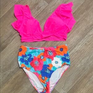 V Neck Floral Print High Waist Bikini w/ Ruffles